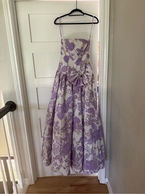 Strapless Lilac Floral Prom Dress with Decorative Bow